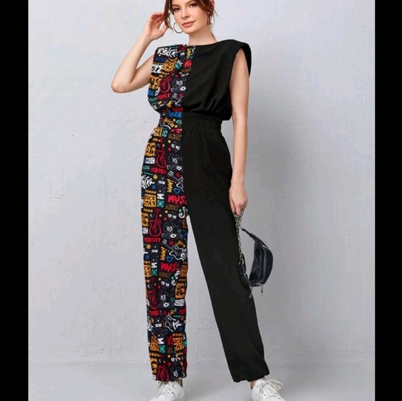 Pants - Shoulder Pad Letter Graphic Jumpsuit